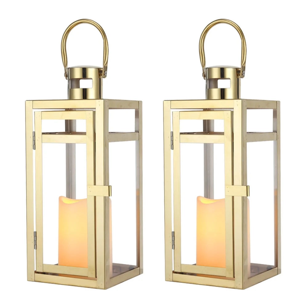 12'' High Metal Candle Holder Outdoor Candle Lantern with Tempered Panels