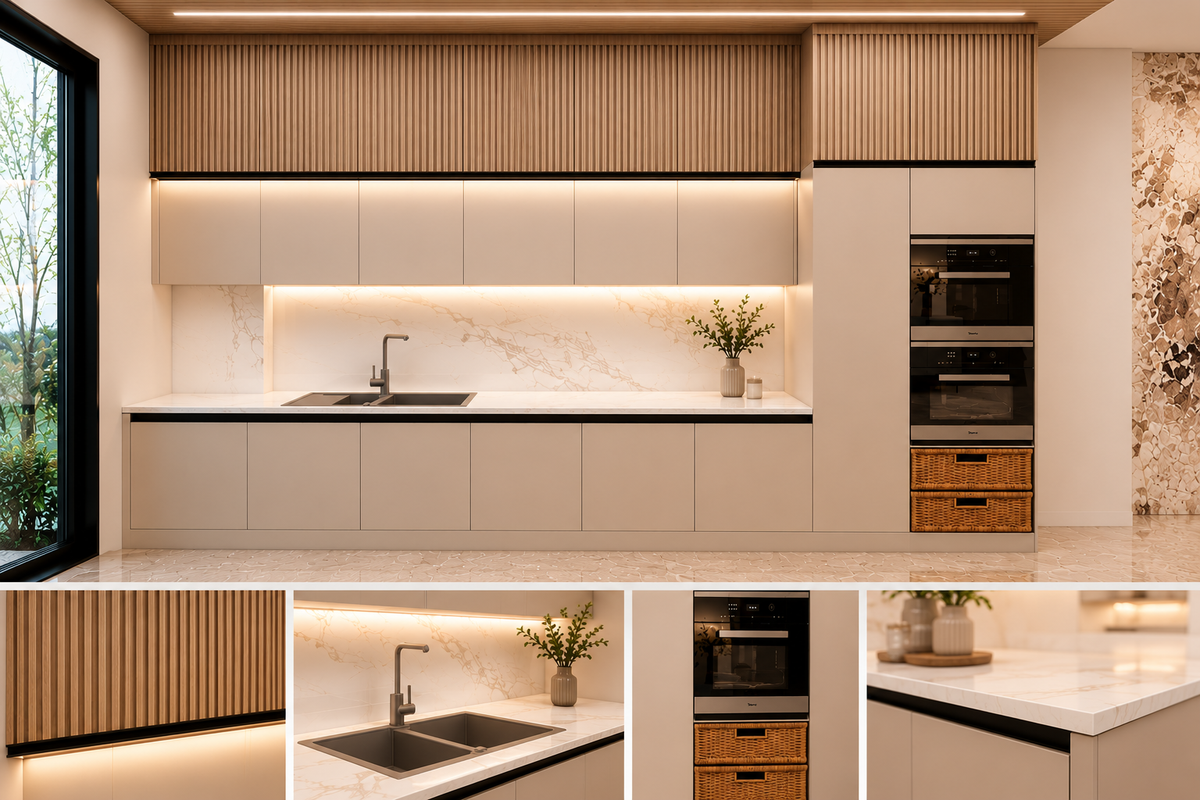 Modern Beige Modular Kitchen with Integrated Appliances